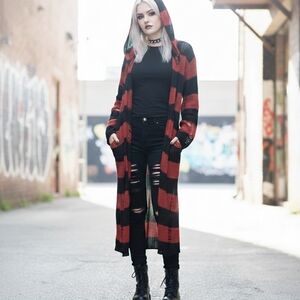 Dolls Kill Red and Black Striped Hooded Coat